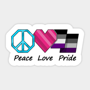 Peace, Love, and Pride design in Asexual pride flag colors Sticker